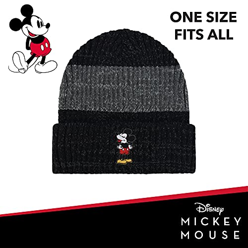 Disney Mickey Mouse Cuffed Beanie Hat, Knitted Stocking Cap, Black/Grey