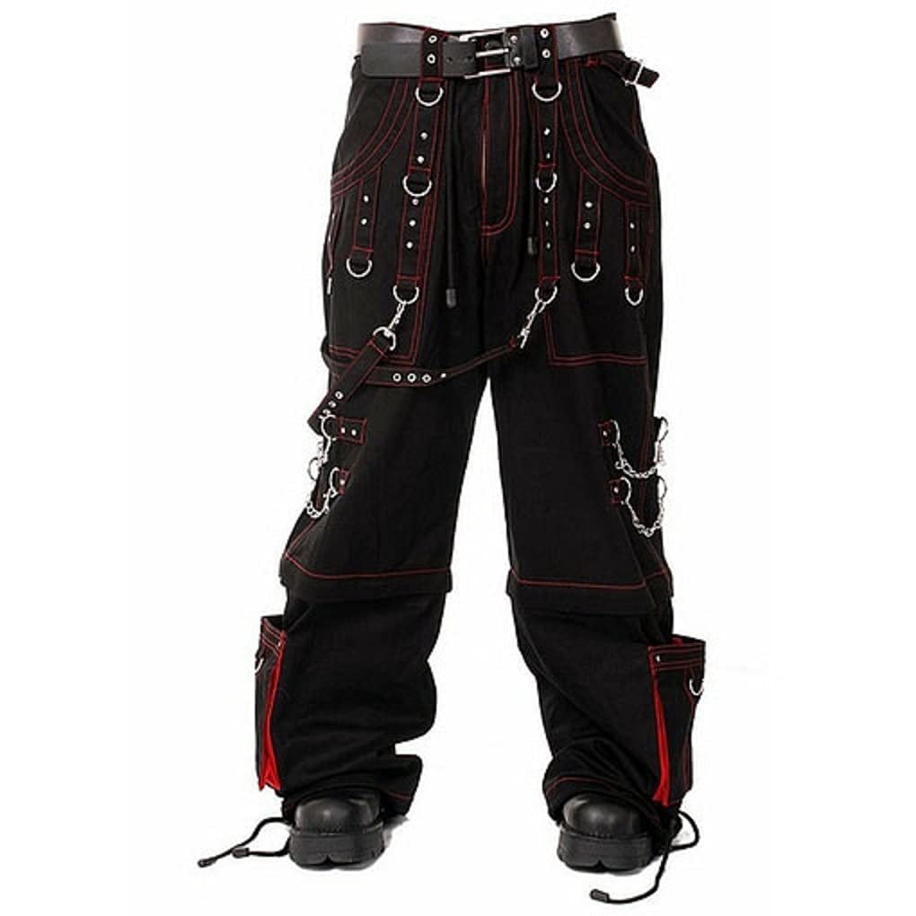 Men Gothic Bondage Trouser Cyber Red Thread Shorts Metal Studs Trouser Pant/USA (32)