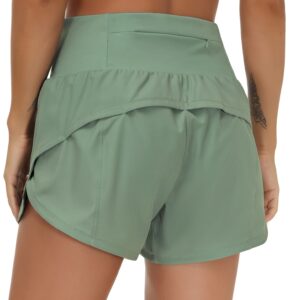 THE GYM PEOPLE Womens High Waisted Running Shorts Quick Dry Athletic Workout Shorts with Mesh Liner Zipper Pockets (Jasmine Green, Medium)