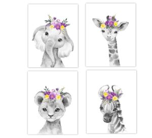 safari animals baby girl nursery wall art floral crown elephant giraffe lion zebra (purple yellow)