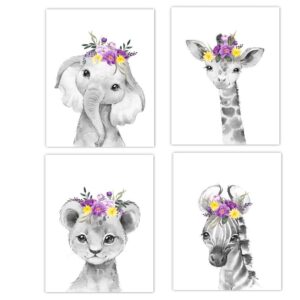 Safari Animals Baby Girl Nursery Wall Art Floral Crown Elephant Giraffe Lion Zebra (PURPLE YELLOW)