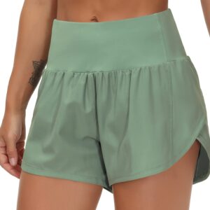 THE GYM PEOPLE Womens High Waisted Running Shorts Quick Dry Athletic Workout Shorts with Mesh Liner Zipper Pockets (Jasmine Green, Medium)