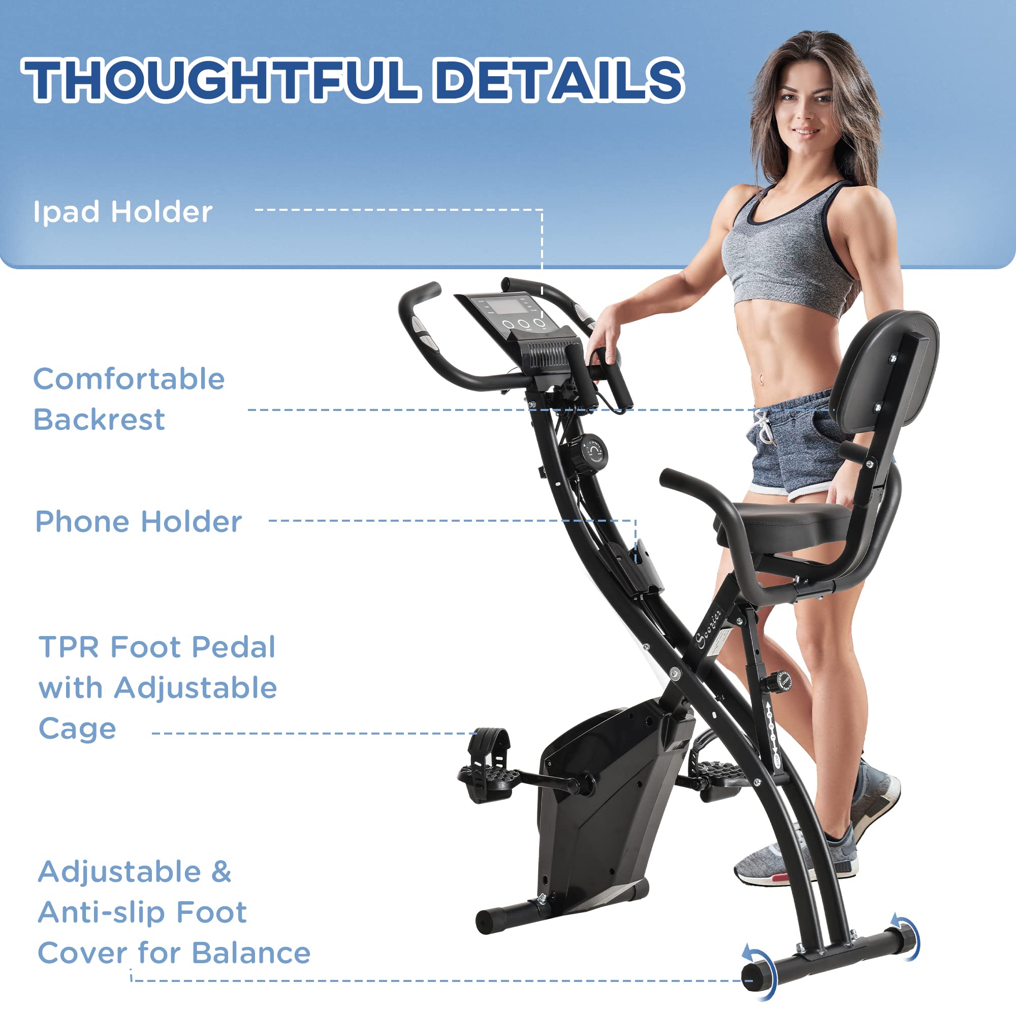 Soozier Folding Exercise Bike, 3-in-1 Recumbent Exercise Bike, Upright Workout Bike & Arm Resistance Bands, Adjustable Seat, 8-Level Magnetic Resistance, Black