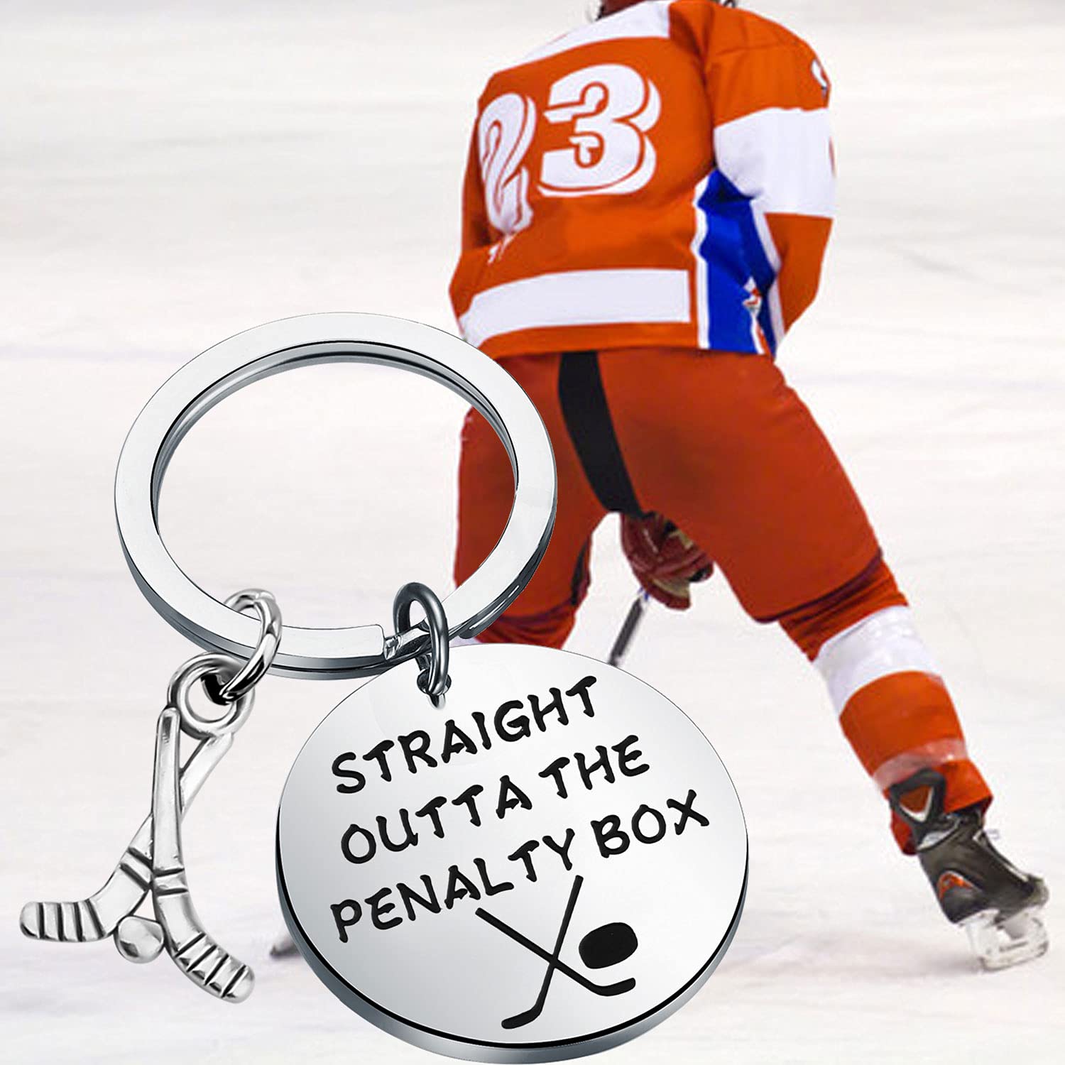 WSNANG Funny Ice Hockey Keychain Hockey Player Gift Straight Outta the Penalty Box Hockey Lover Gifts Keychain (SILVER)