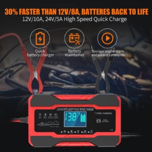 YONHAN Battery Charger 10-Amp 12V and 24V Fully-Automatic Smart Car Battery Charger, Battery Maintainer Trickle Charger, and Battery Desulfator with Temperature Compensation