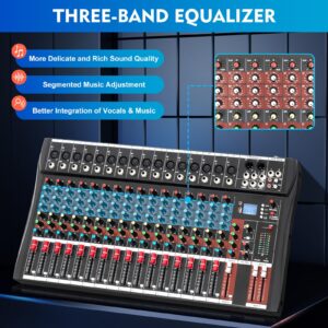 Audio Mixer 16 Channel Bluetooth Live Studio LED Display Professional USB Mixing Console with 3-Band EQ Sound Board Console DJ Studio Audio Mixer for PC Recording Music (16 Channel)