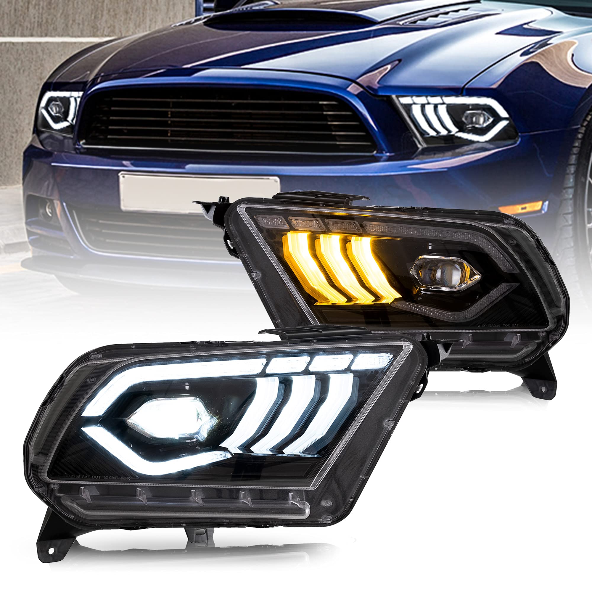 VLAND Projector Led Headlights Compatible with Ford Mustang 2010-2014 w/Amber Sequential Turn Signal w/Dynamic Animation& Breathing Lighting