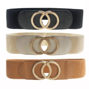 swtddy 3 pack womens vintage wide elastic stretch waist belt for dresses (golden o design black+beige+camel, suit for waist size 27"-35")