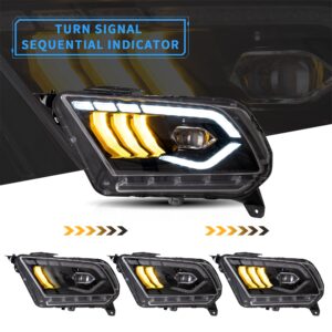 VLAND Projector Led Headlights Compatible with Ford Mustang 2010-2014 w/Amber Sequential Turn Signal w/Dynamic Animation& Breathing Lighting