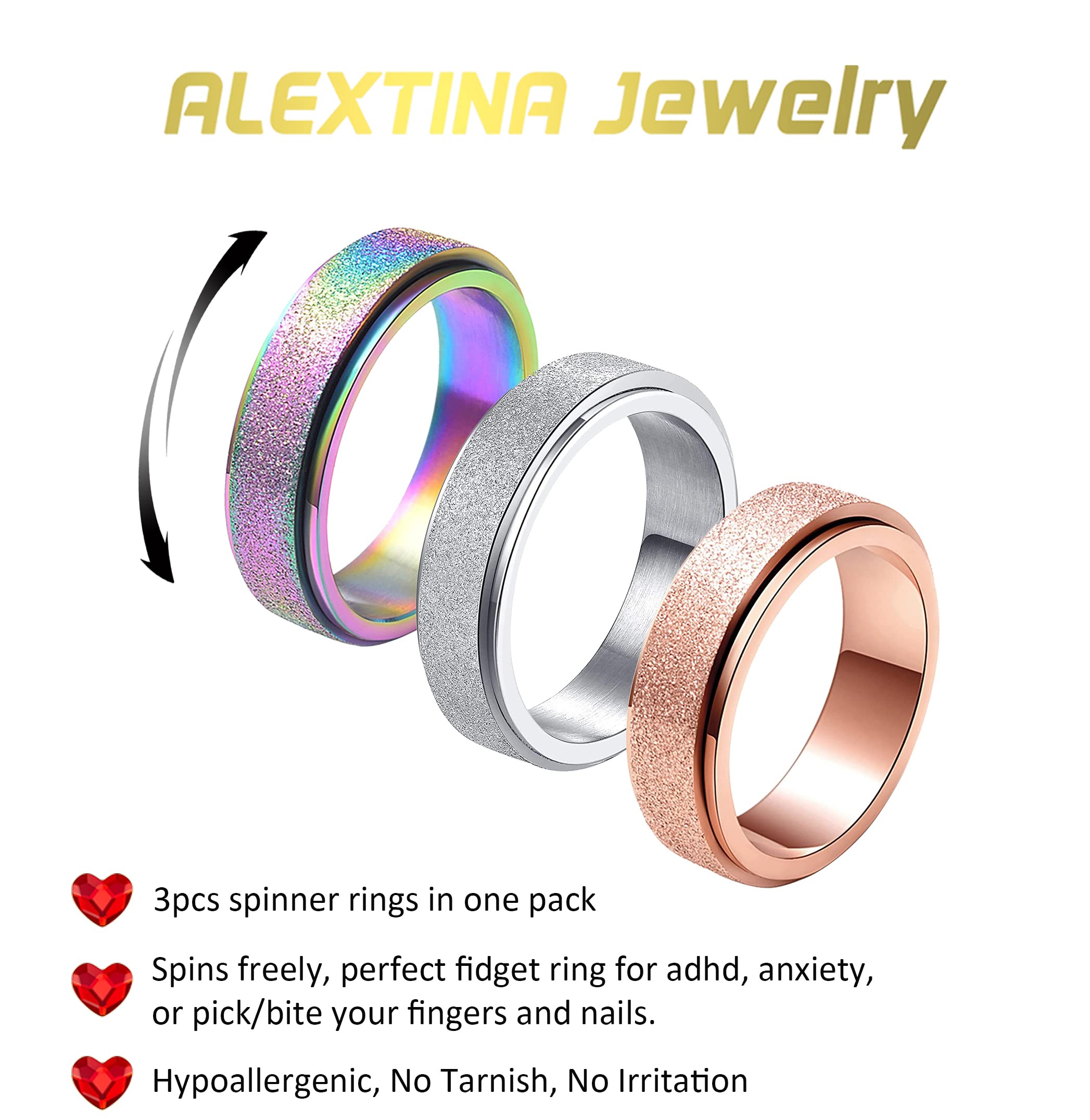 ALEXTINA 3Pcs Spinner Ring Anxiety Ring for Women Fidget Rings - 6mm Sandblast Glitter Finish Stainless Steel Rings for Anxiety Stress Relief, Size 9