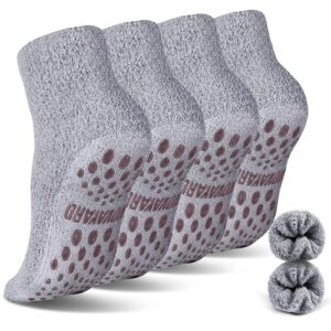 novayard 4 pairs non slip fuzzy socks hospital slipper crew grip cozy socks men women(grey,large)