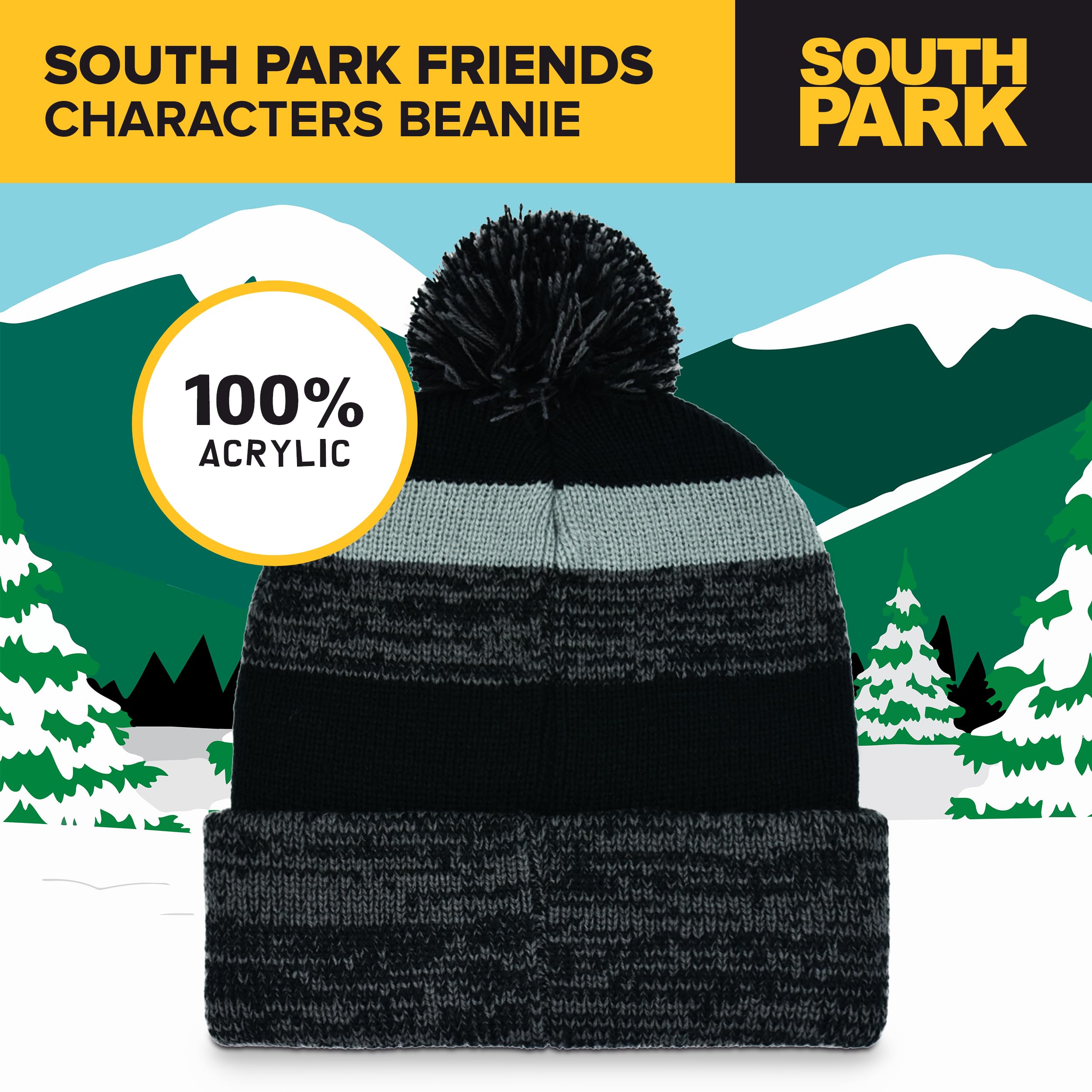 South Park Knitted Acrylic Winter Beanie Hat with Cuff and Pom, Multi, One Size