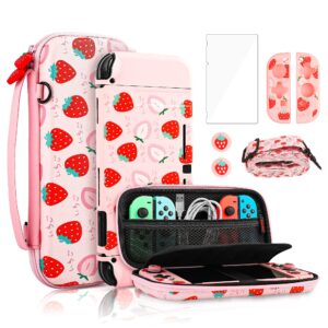 fanpl pink carry case bundle for nintendo switch, cute case accessories set for switch with hard travel case, soft tpu cover, adjustable strap, screen protector, thumb grip caps (cute pink strawberry)