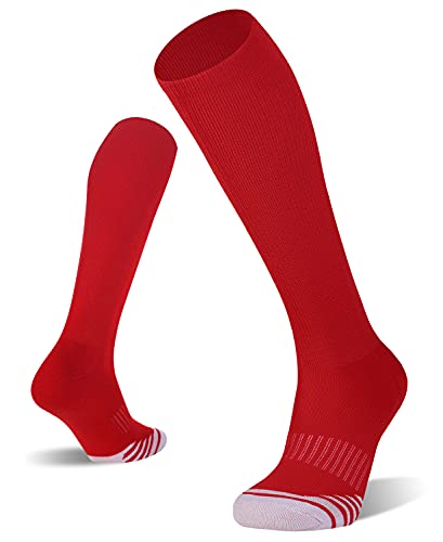 FITRELL 2 Pack Baseball Soccer Softball Socks for Youth Men & Women Over-the-Calf Knee High Socks Sports Tube Socks, Red, Medium