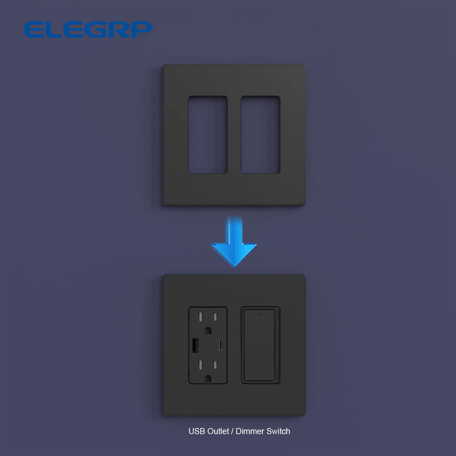 ELEGRP 2 Gang Screwless Decorative Wall Plates, Mid-Size Unbreakable Thermoplastic Faceplate Cover for Decorator Receptacle Outlet Switch, UL Listed (5 Pack, Matte Black)