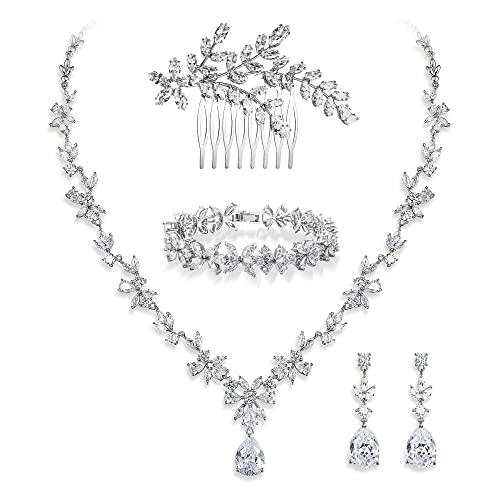 Crysdue Wedding Jewelry Set for Women, Floral Necklace Dangle Earrings Bracelet Hair Comb Set, Cubic Zirconia Elegance Wedding Party Jewelry for Bridal Bridesmaid