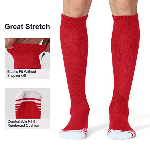 FITRELL 2 Pack Baseball Soccer Softball Socks for Youth Men & Women Over-the-Calf Knee High Socks Sports Tube Socks, Red, Medium