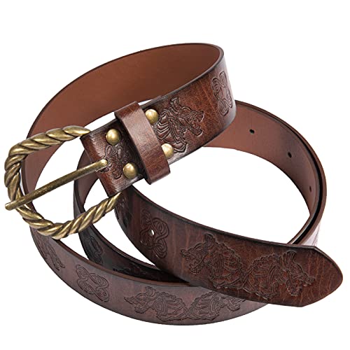 HiiFeuer Viking Fenrir Embossed Faux Leather Buckle Belt, Medieval Knight Belt (Brown)