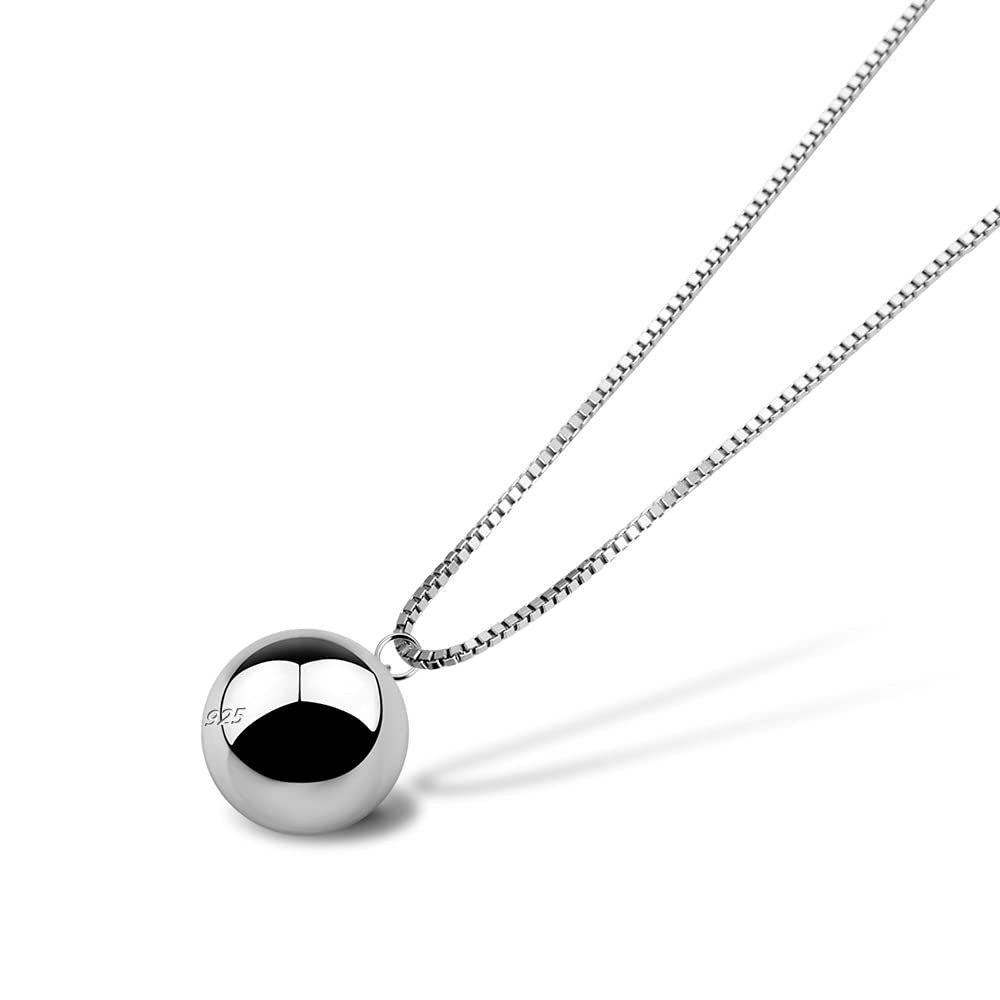 Dankadi Italian Design Simple Cute 925 Sterling Silver Necklace For Women 12MM Ball Bell Pendant Choker Adjustable Jewelry Gifts 18" Box Chain Fashion (Silver color)