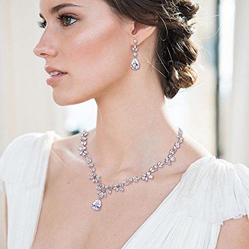 Crysdue Wedding Jewelry Set for Women, Floral Necklace Dangle Earrings Bracelet Hair Comb Set, Cubic Zirconia Elegance Wedding Party Jewelry for Bridal Bridesmaid