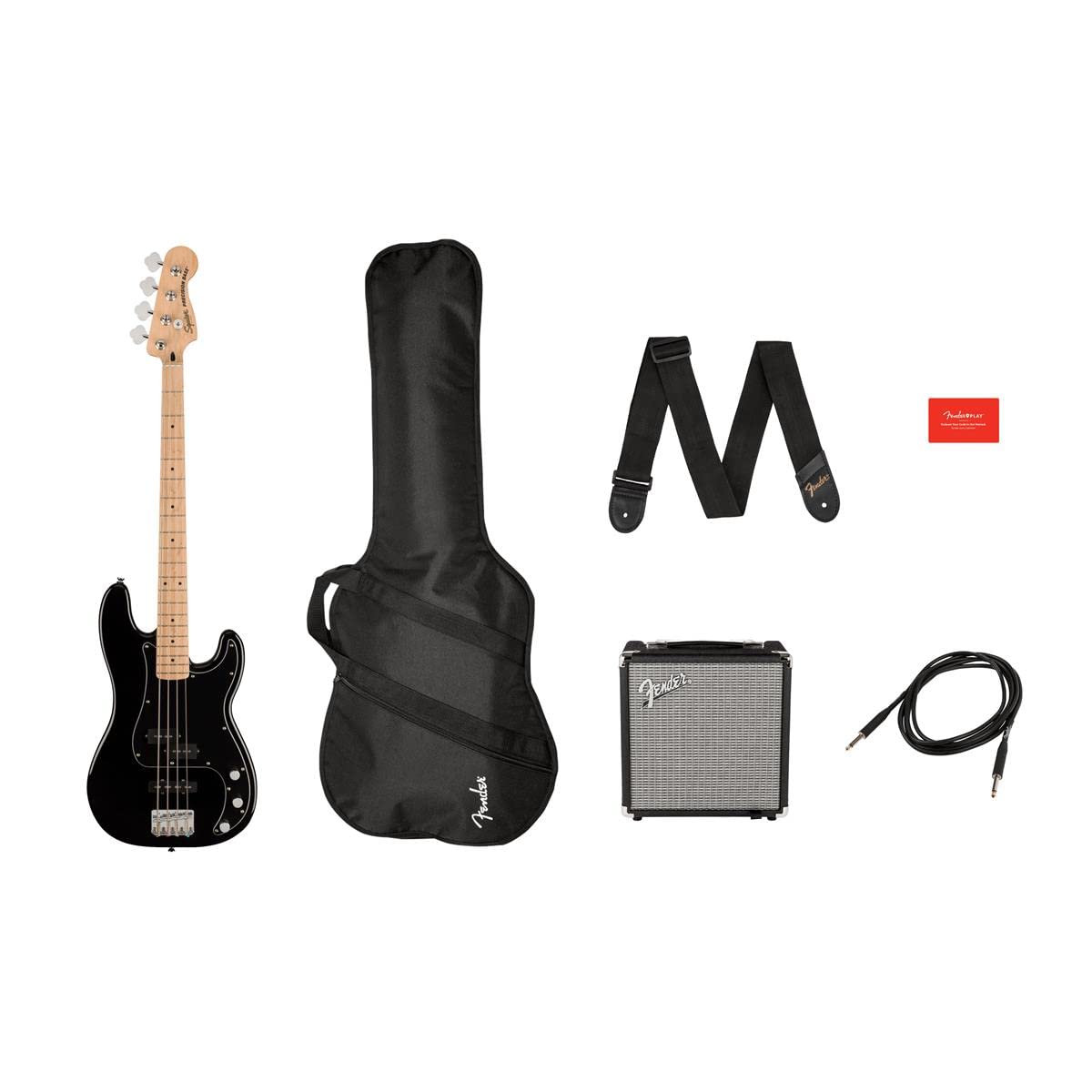 Squier by Fender Precision Bass Guitar Kit, Affinity Series, Laurel Fingerboard, Black, Poplar Body, Maple Neck, with Guitar Bag and Rumble 15 Amp Bass Amp, Cable, Guitar Strap and More