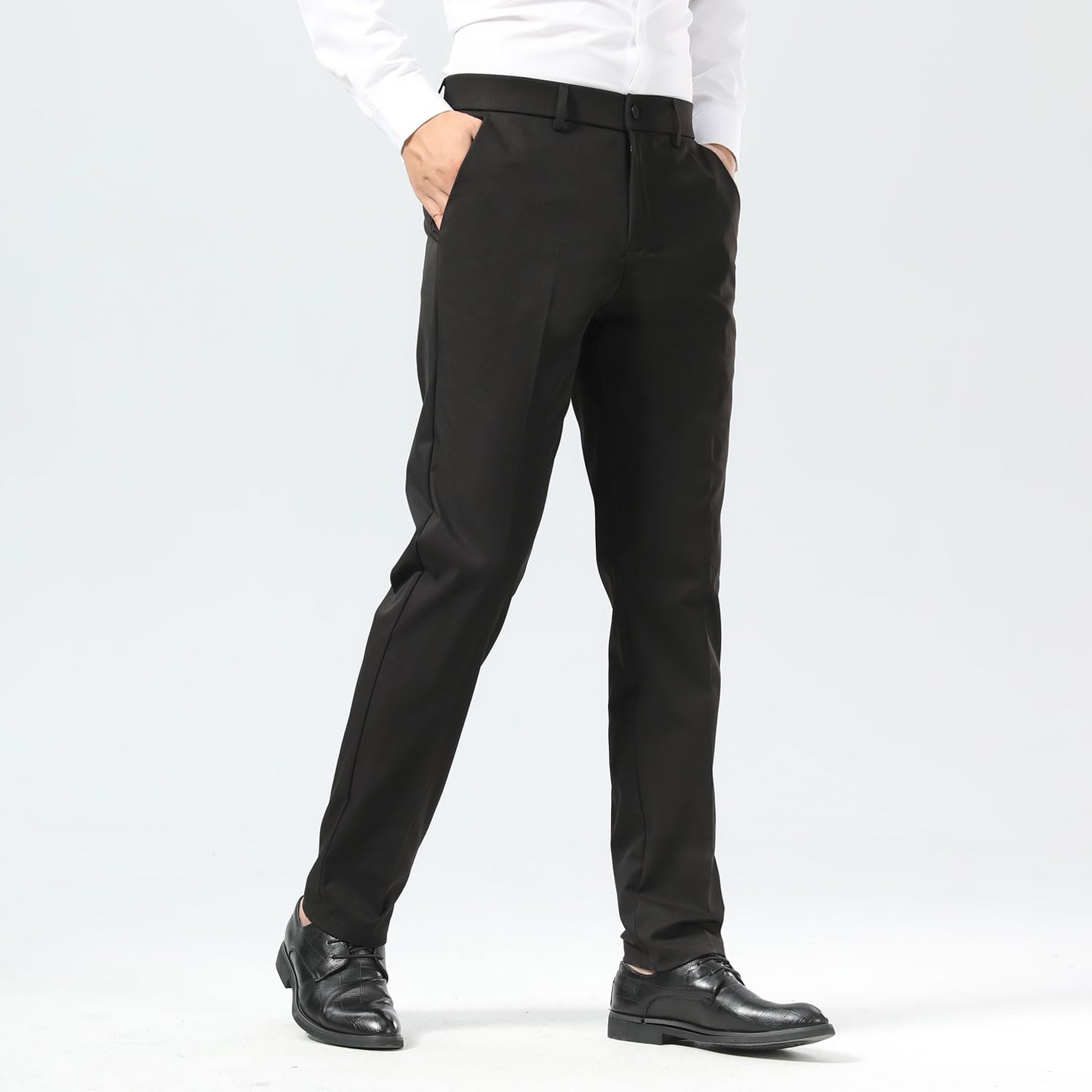 Plaid&Plain Men's Dress Pants Slim Fit Stretch Khaki Pants Wrinkle Free 8802 Black 30x30