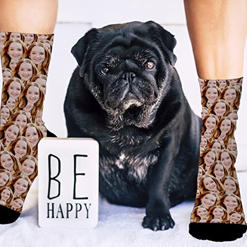 Custom Face Socks for Men Women with Dog Cat Pet Lover Photo, Personalized Funny Crew Socks with Pictures Christmas Anniversary Birthday Gifts for Boyfriend Girlfriend Mom Dad