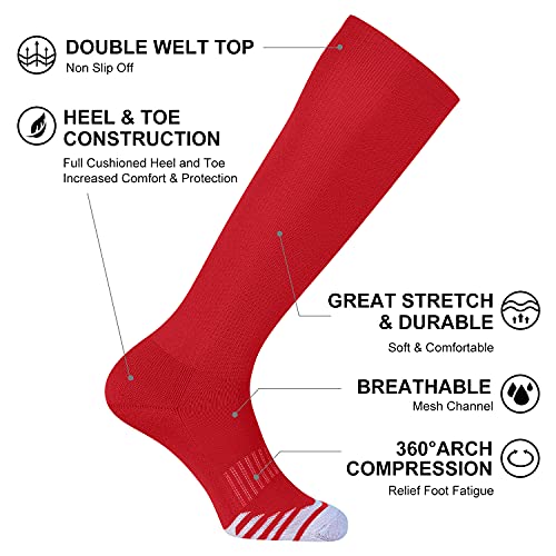 FITRELL 2 Pack Baseball Soccer Softball Socks for Youth Men & Women Over-the-Calf Knee High Socks Sports Tube Socks, Red, Medium