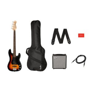 Squier by Fender Precision Bass Guitar Kit, Affinity Series, Laurel Fingerboard, 3-Color Sunburst, Poplar Body, with Guitar Bag and Rumble 15 Amp Bass Amp, Cable, Guitar Strap and More