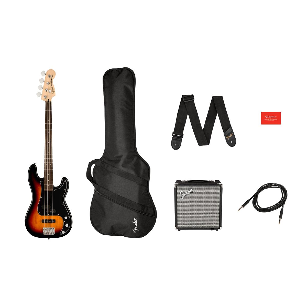 Squier by Fender Precision Bass Guitar Kit, Affinity Series, Laurel Fingerboard, 3-Color Sunburst, Poplar Body, with Guitar Bag and Rumble 15 Amp Bass Amp, Cable, Guitar Strap and More