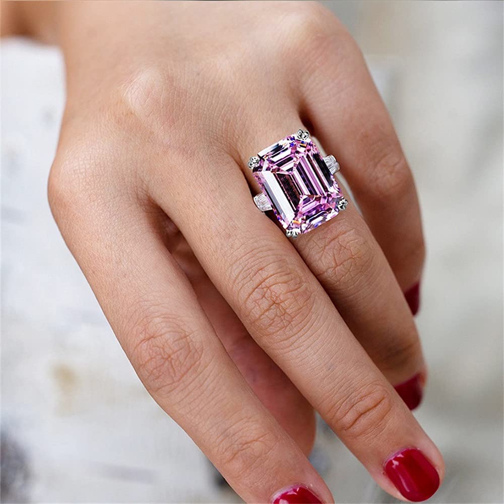 FZO Fashion Zircon Ring 925 Sterling Silver CZ Ring Princess Cut Square Simulated Diamond Ring Engagement Wedding Ring Promise Ring for Women ST.245 Pink, 10