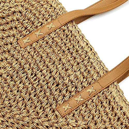 Straw Bag Handwoven Summer Beach Shoulder Bag Rattan Crossbody Purse Top Handle Bag Woven Tote for Women Gilrls (Beige)