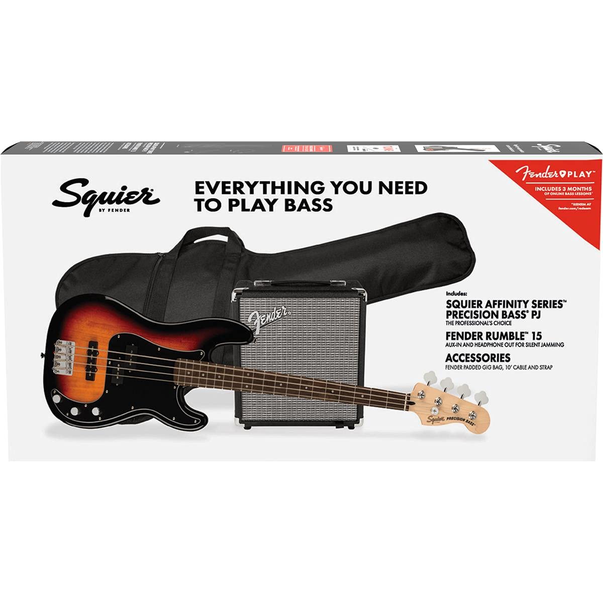 Squier by Fender Precision Bass Guitar Kit, Affinity Series, Laurel Fingerboard, 3-Color Sunburst, Poplar Body, with Guitar Bag and Rumble 15 Amp Bass Amp, Cable, Guitar Strap and More