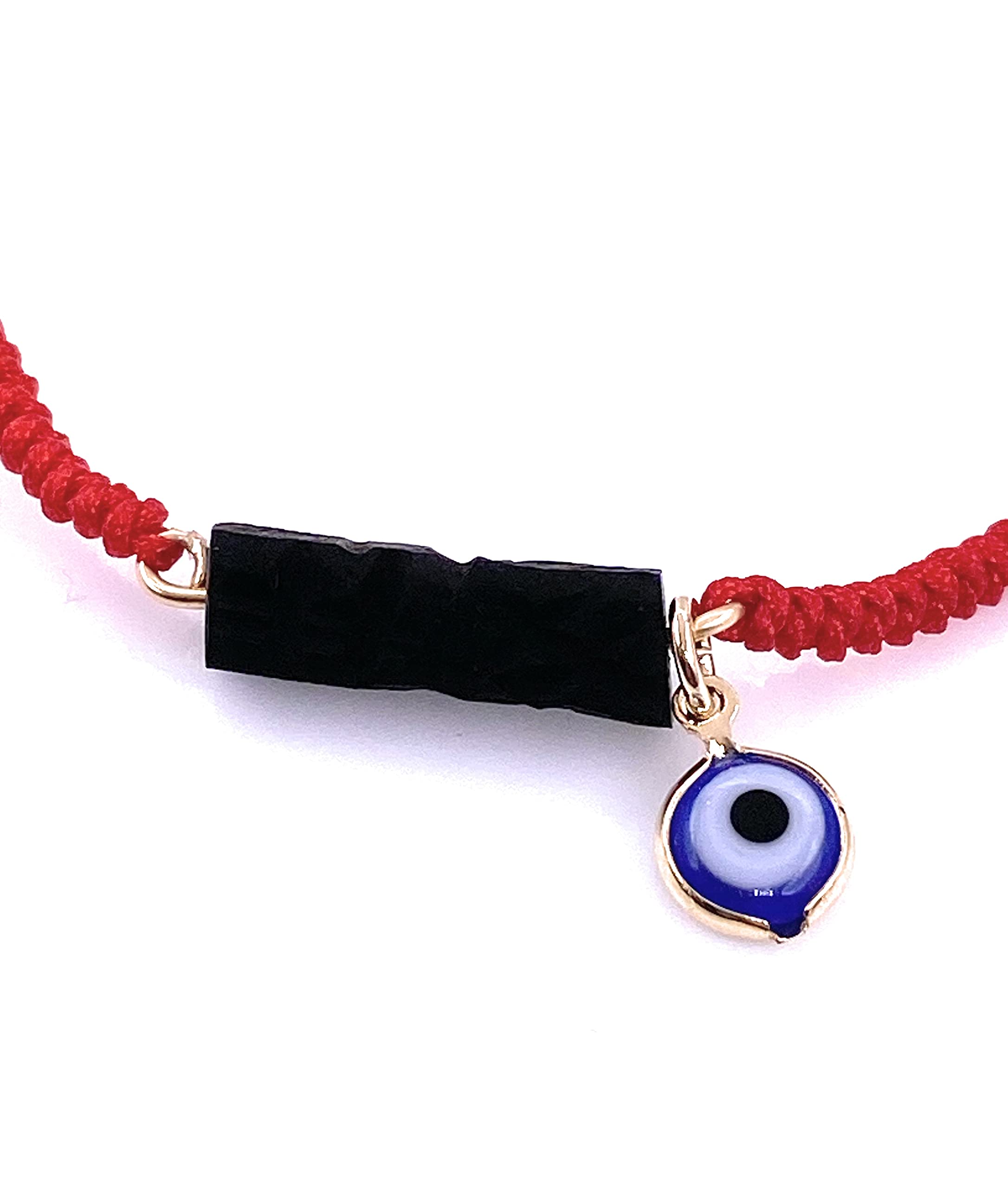 LESLIE BOULES Red Thread Genuine Azabache Hand Bracelet with Small Blue Evil Eye Connector Handmade Jewelry