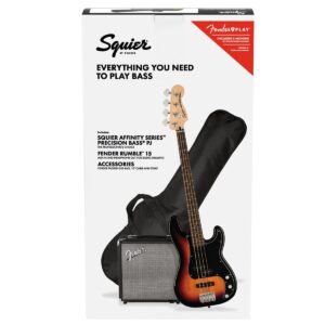 Squier by Fender Precision Bass Guitar Kit, Affinity Series, Laurel Fingerboard, 3-Color Sunburst, Poplar Body, with Guitar Bag and Rumble 15 Amp Bass Amp, Cable, Guitar Strap and More