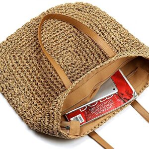 Straw Bag Handwoven Summer Beach Shoulder Bag Rattan Crossbody Purse Top Handle Bag Woven Tote for Women Gilrls (Beige)