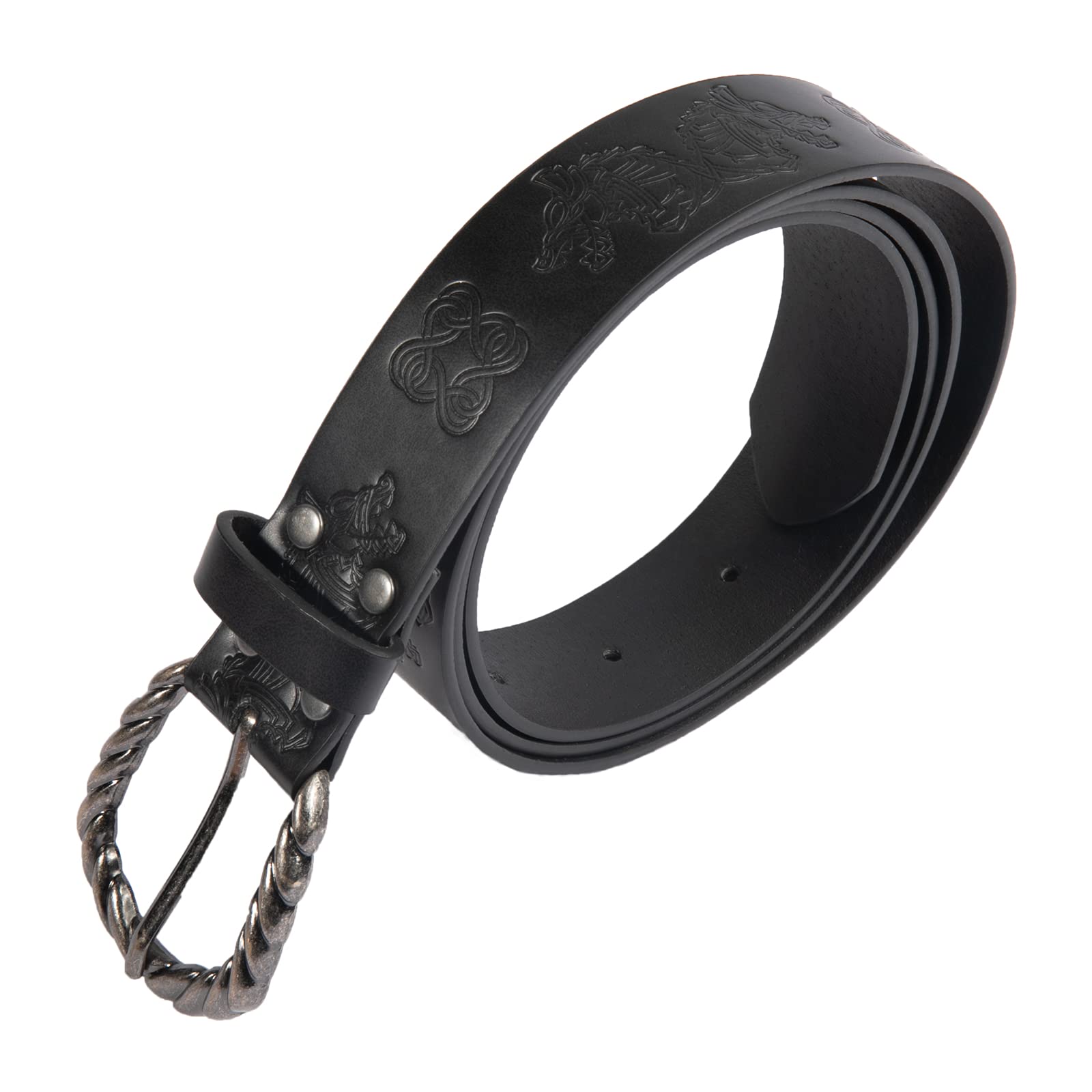 HiiFeuer Viking Fenrir Embossed Faux Leather Buckle Belt, Medieval Knight Belt (Black)