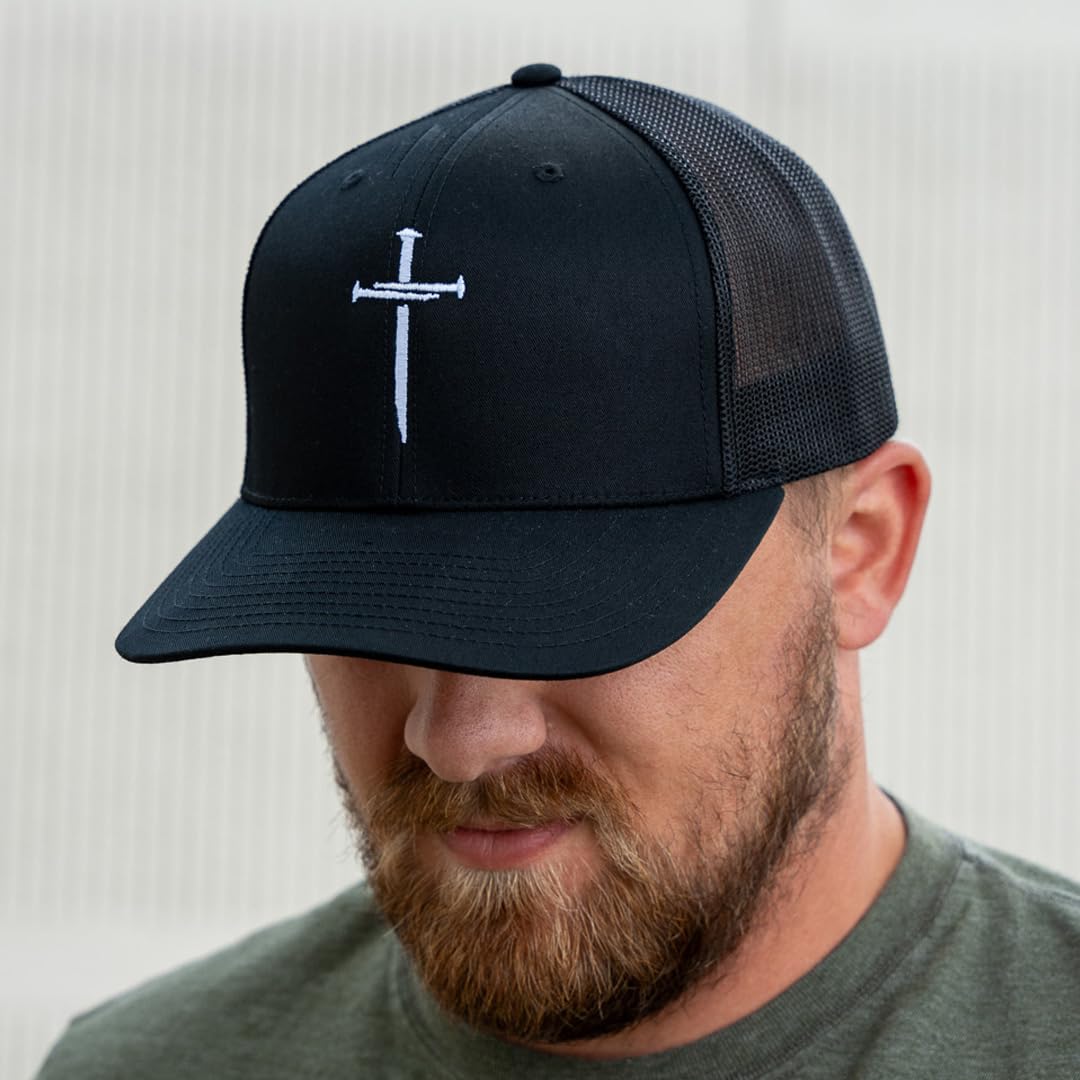 Nail Cross Jesus Christ Christian Embroidered Richardson 112 Trucker Cap Hat Black/Black