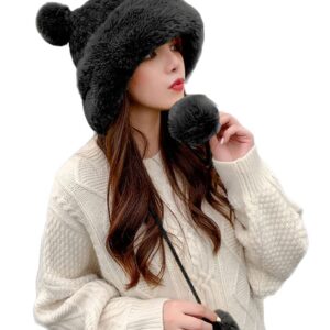 Fluffy Knit Beanie Hats for Women Winter Faux Fur Warm Knit Crochet Skull Cap with Pompom Outdoor Ear Cover Black