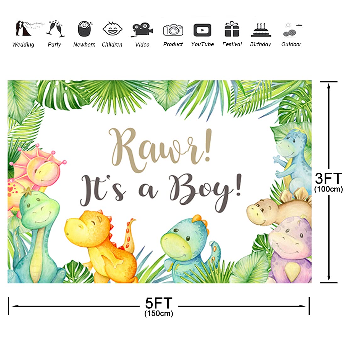 Aperturee Dinosaur It's a boy Baby Shower Backdrop 5x3ft Oh Boy Tropical Palm Leaves Jungle Photography Background Kids Newborn Cake Table Banner Party Decoration Photo Booth Studio Props Favors