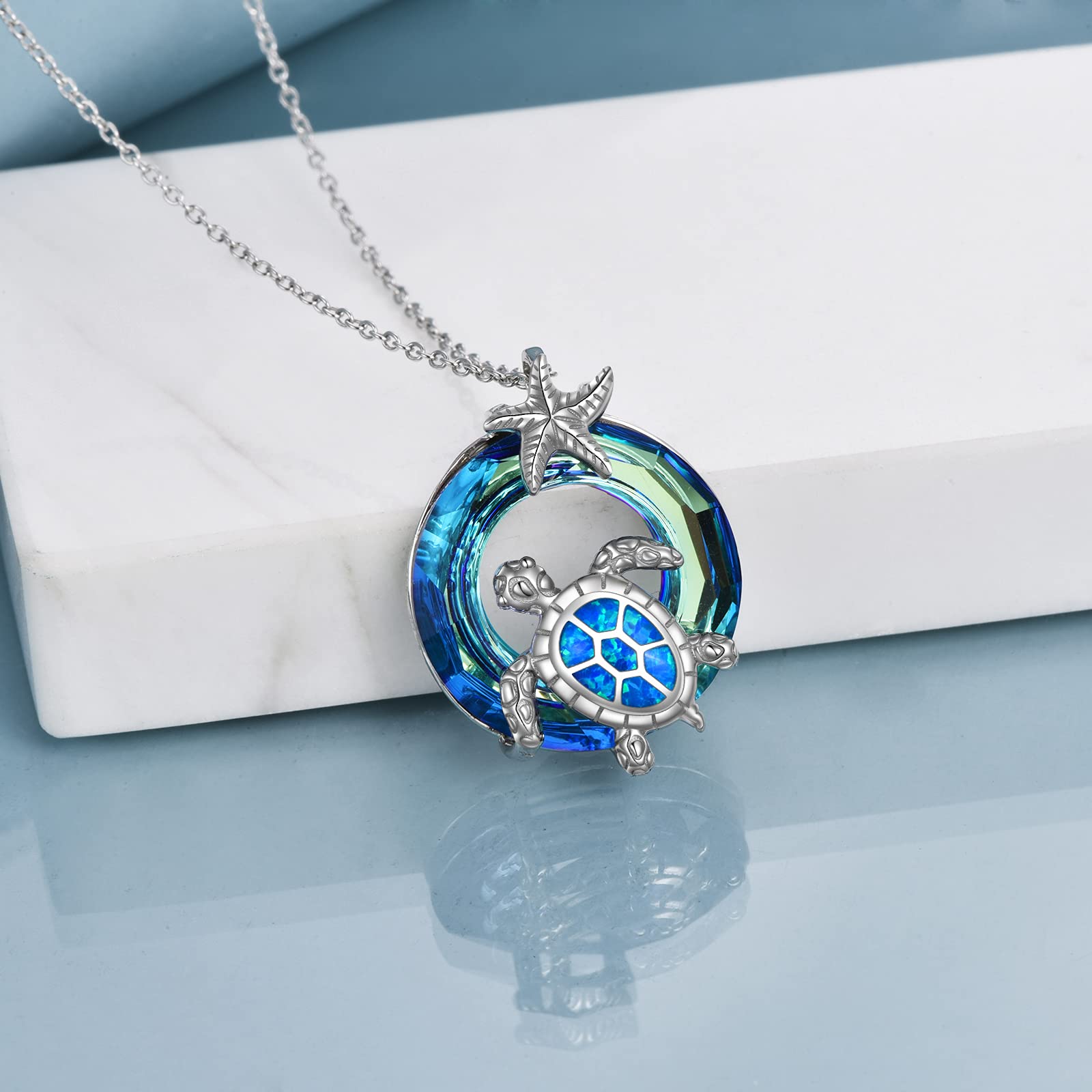 POTOPYY Turtle Necklace Sterling Silver Sea Turtle Necklaces for Women Crystal Sea Turtle Tortoise Pendant Ocean Necklace Jewelry, Sea Turtle Gifts for Women Mom Daughter Grandma Wife Birthday Anniversary Christmas, 18+2 Inch