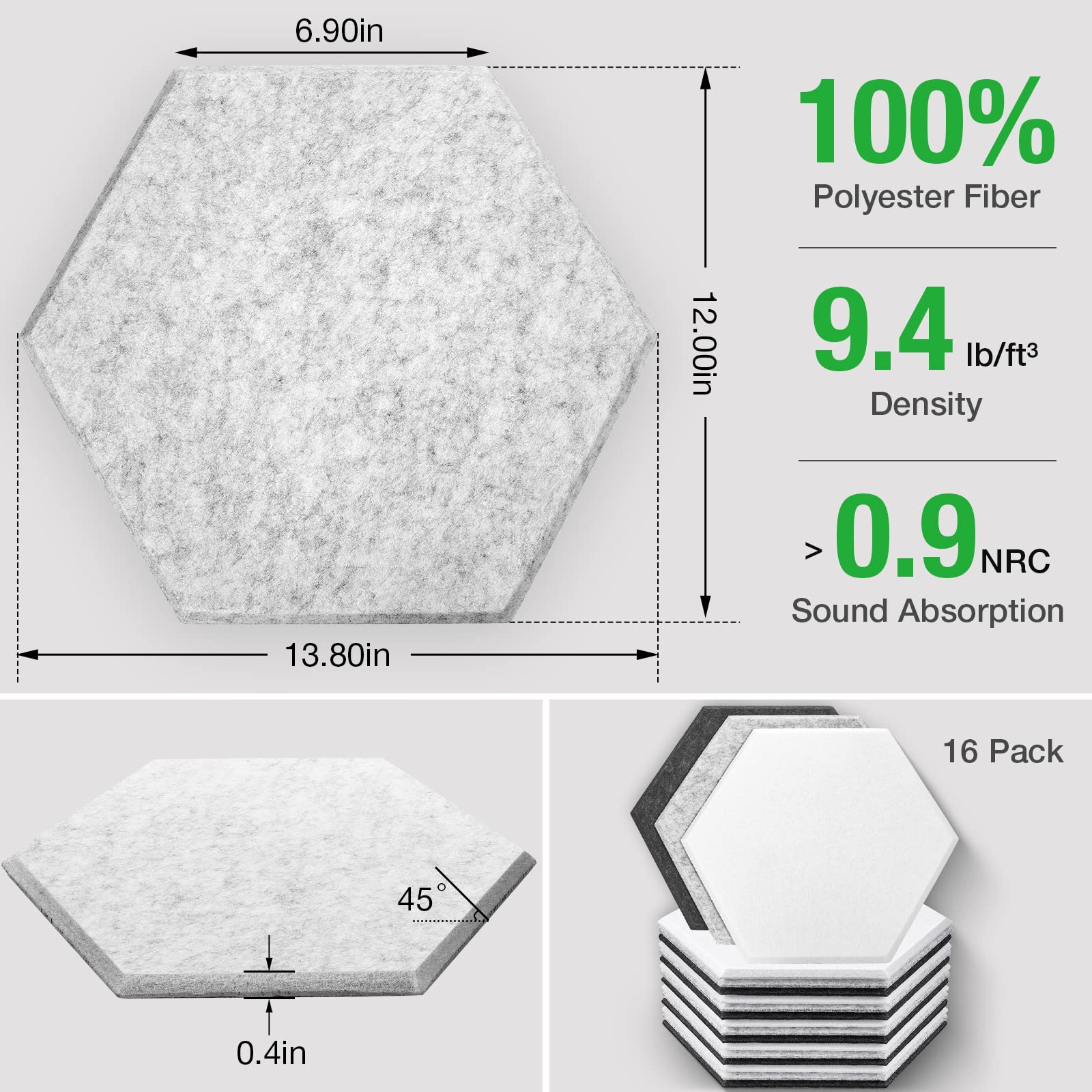 Drydiet 18 Pieces Hexagon Acoustic Panels Felt Sound Proofing Padding Beveled Edge Flame Retardant, 14 x 12 x 0.4 Inch High Density Dampening Panel for Studio Home Office, Light Grey, White, Dark Grey