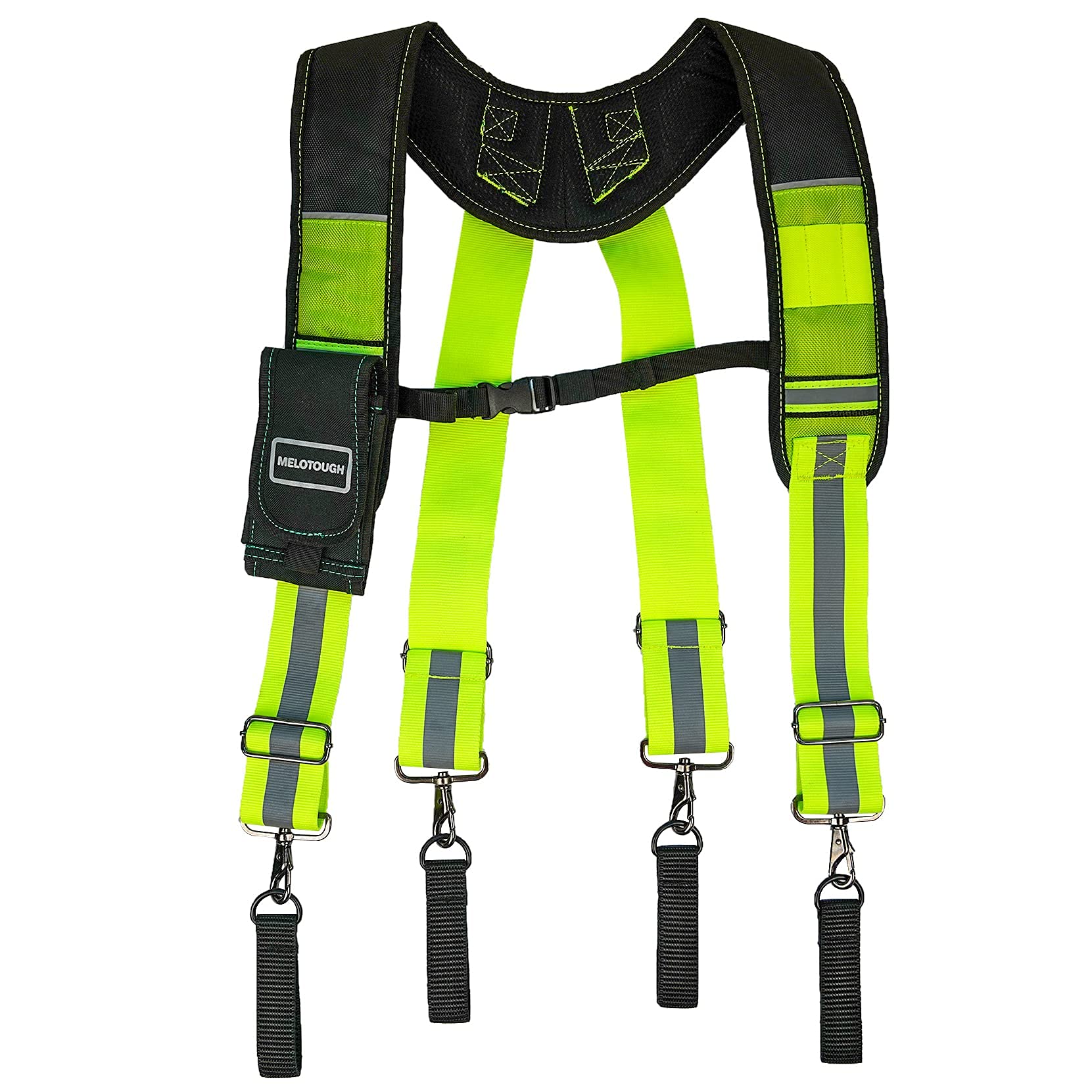 MELOTOUGH Reflective Safety Suspenders Tool Belt Suspenders Construction Work Suspenders with detachable phone holder comfortable foam shoulder padder (Lime)