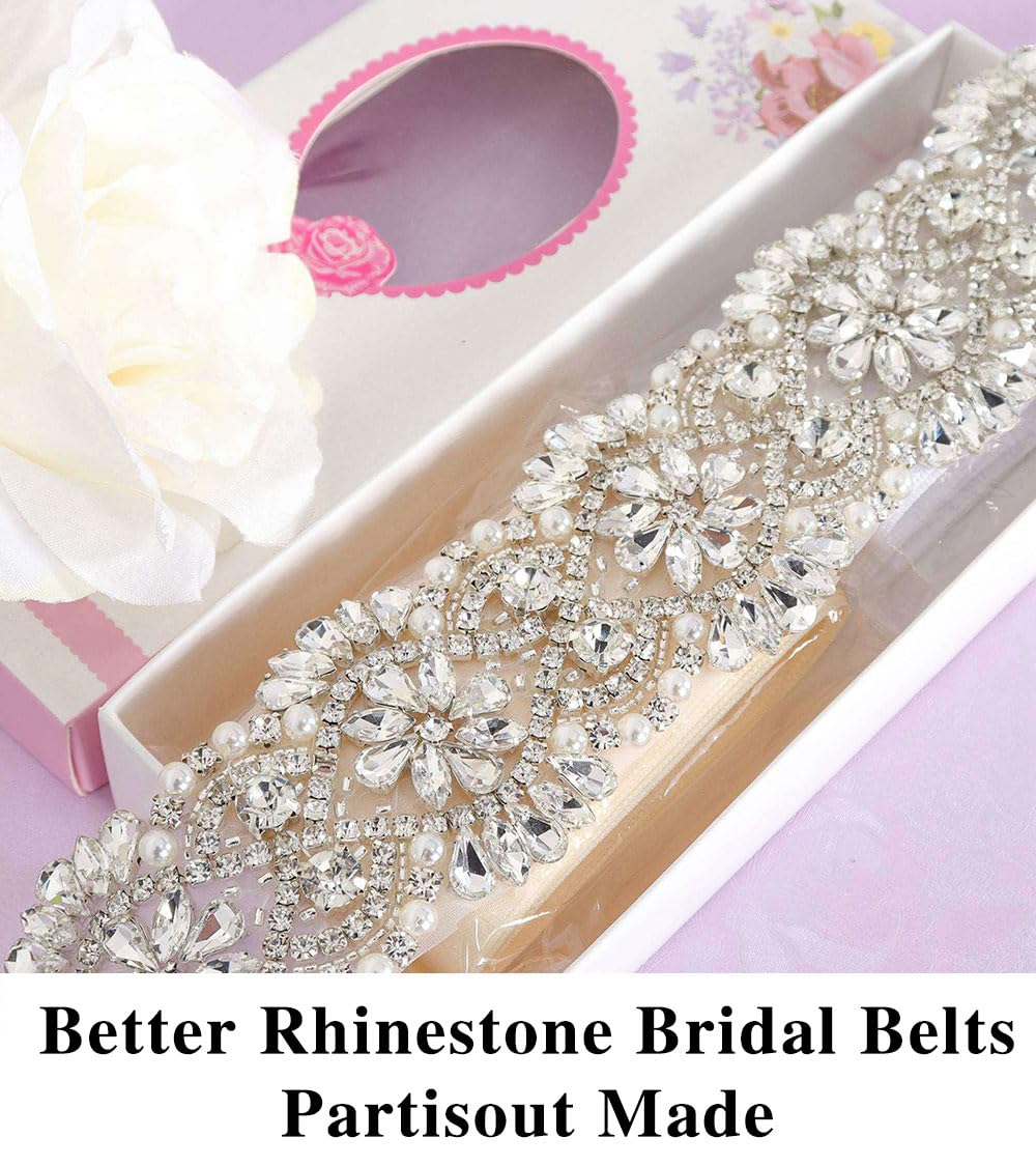 Partisout Rhinestone Bridal Belt Wedding for Bride Dress Rhinestone Belts for Dresses for Wedding Dress Silver Belt. (Silver 310)