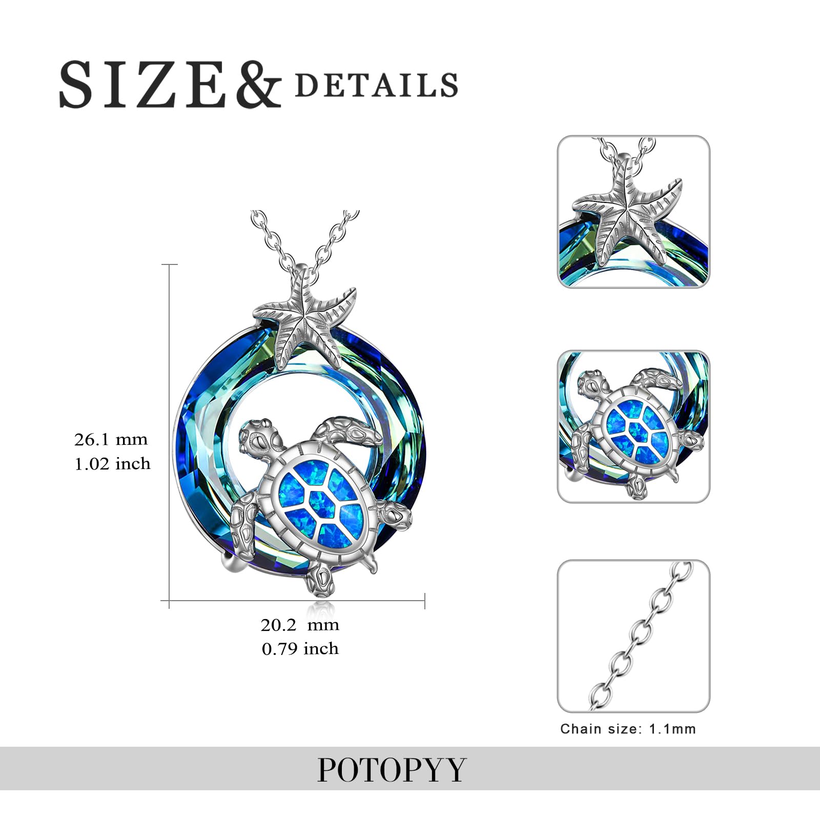 POTOPYY Turtle Necklace Sterling Silver Sea Turtle Necklaces for Women Crystal Sea Turtle Tortoise Pendant Ocean Necklace Jewelry, Sea Turtle Gifts for Women Mom Daughter Grandma Wife Birthday Anniversary Christmas, 18+2 Inch