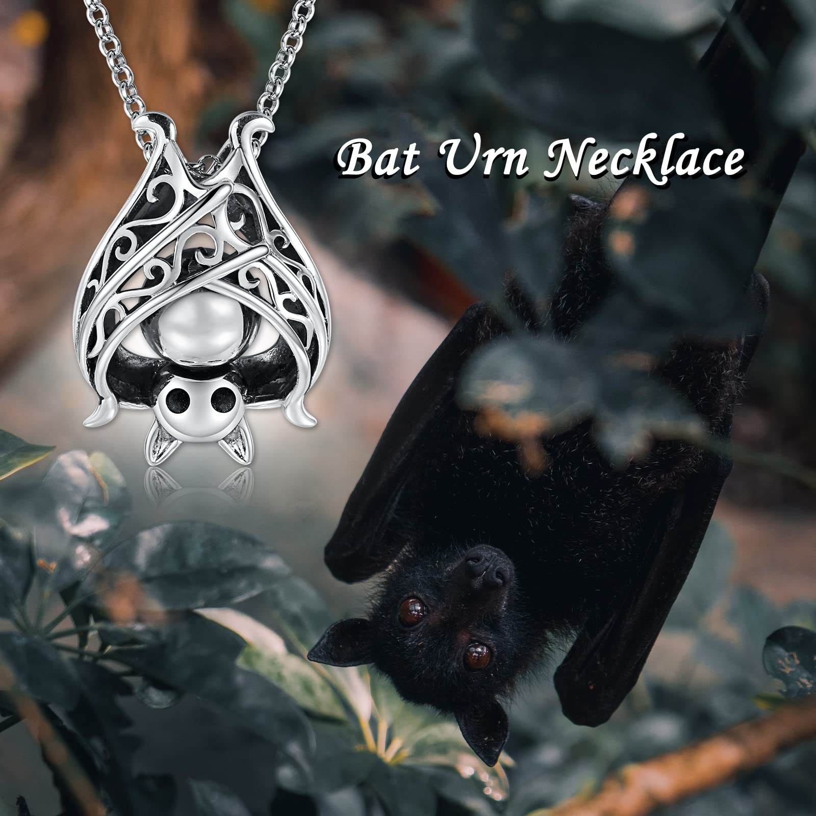 APOTIE Vampire Bat Urn Necklace for Ashes 925 Sterling Silver Goth Cremation Jewelry Memorial Keepsake Pendant for The Loved One