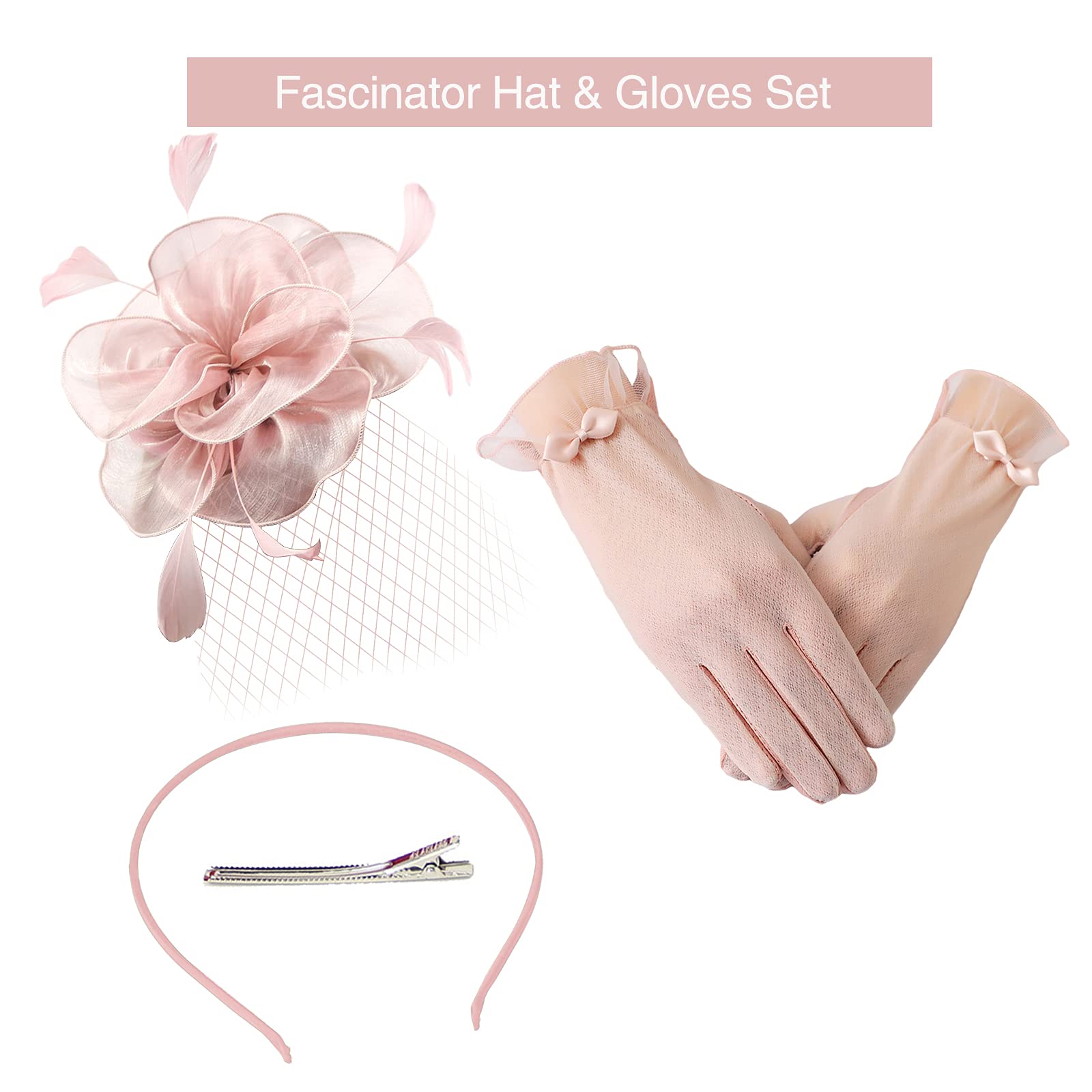 Ibeauti Fascinator Hats with Screentouch Lace Gloves Set for Women Tea Party Cocktail Wedding Derby Headwear Short Gloves (04 Pink)