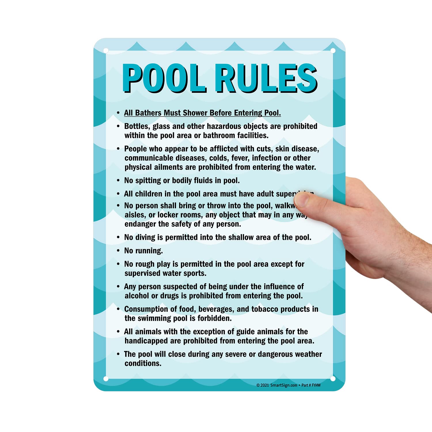 SmartSign 14 x 10 inch “Pool Rules - Shower Before Entering, Glass Prohibited, No Spitting…” Metal Sign, Screen Printed, 40 mil Laminated Rustproof Aluminum, Blue, Black and White, Made in USA