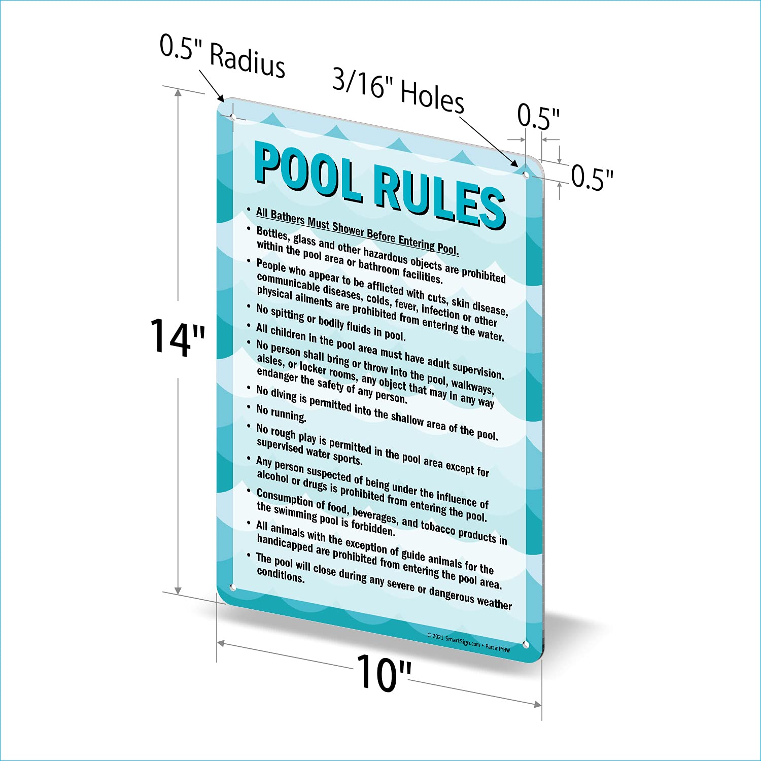 SmartSign 14 x 10 inch “Pool Rules - Shower Before Entering, Glass Prohibited, No Spitting…” Metal Sign, Screen Printed, 40 mil Laminated Rustproof Aluminum, Blue, Black and White, Made in USA