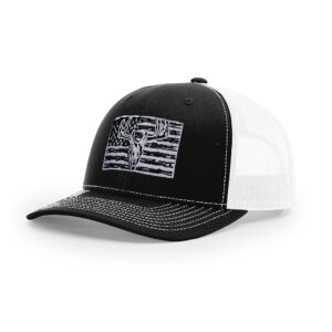 B Wear Sportswear American Flag and Deer Skull Hunting Embroidered Men's Snapback Trucker Cap Hat Black/White